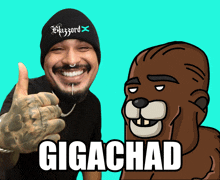 a man giving a thumbs up next to a cartoon bear with the word gigachad