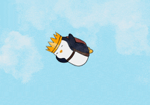 a penguin wearing a crown and a hat is flying through the air