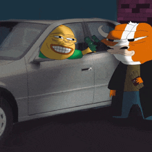 a cartoon of a man in a car talking to a fox holding a gun