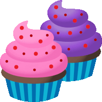 a pink and purple cupcake with red polka dots