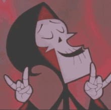 a cartoon grim reaper is making a peace sign with his fingers .