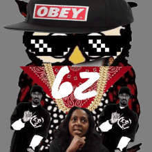 an owl wearing sunglasses and an obey hat with the number 62 on it