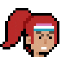 a pixel art illustration of a person with red hair and a headband .