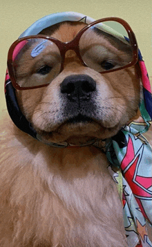 a dog with glasses and a scarf around its head