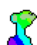 a pixel art drawing of a green , blue , and purple object with a long neck .