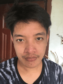 a close up of a man 's face with a striped shirt