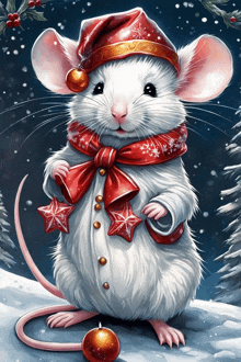 a white mouse wearing a santa hat and scarf is standing in the snow