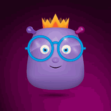 a purple cartoon character with glasses and a crown on his head