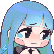 a cartoon girl with blue hair is crying with tears coming out of her eyes .