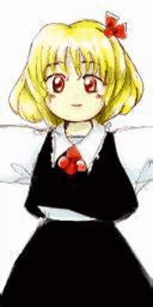 a cartoon girl with blonde hair and a red bow is wearing a black dress and a black vest .