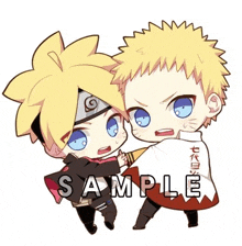 boruto and naruto are standing next to each other in a chibi style .