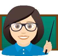 a woman wearing glasses and a blue shirt holds a pointer in front of a blackboard