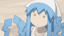 a cartoon girl with blue hair and a white hat