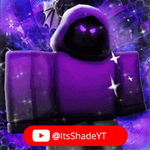 a purple roblox character with a hood and purple eyes