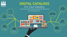 an advertisement for digital catalogs for your industry shows a hand holding a computer