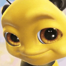 a close up of a bee 's face with big eyes .