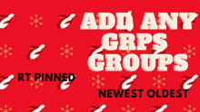 a red background with white snowflakes and the words add any grps groups