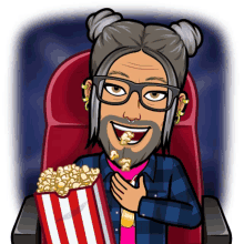 a cartoon of a man eating popcorn while sitting in a red chair