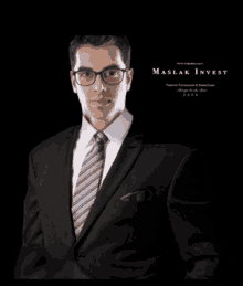 a man in a suit and tie stands in front of a black background that says maslak invest