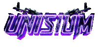 a purple logo for unisium with two guns on top