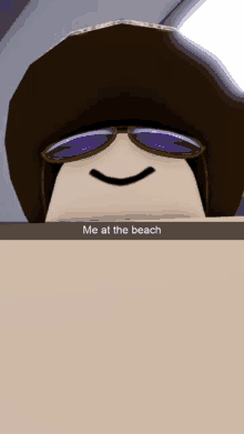 a cartoon character wearing sunglasses and a hat with a caption that says me at the beach