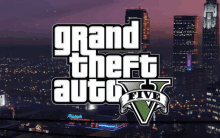 the grand theft auto 5 logo is displayed on a cityscape background