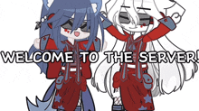 two anime girls are standing next to each other with the words welcome to the server written below them