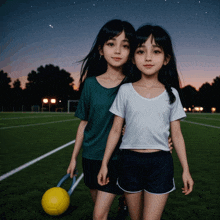 two young girls standing next to each other on a field holding a tennis racquet and a yellow soccer ball