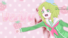 a pixel art of a girl with green hair and the word verity