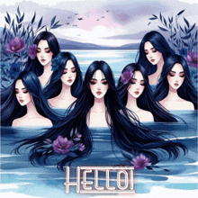 a painting of a group of women with long black hair and the words helloi