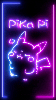 a neon sign that says pika pi with a drawing of pikachu on it