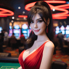 a woman in a red dress is standing in front of a roulette table