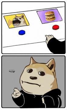 a doge is pressing a blue button next to a hamburger