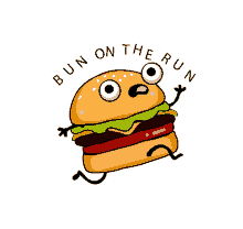 a cartoon illustration of a hamburger running with the words bun on the run around it