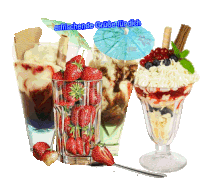 three glasses of ice cream with strawberries and whipped cream with the words erfrischende grute fur dich written above them