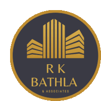 a logo for rk bathla and associates with a building in the middle