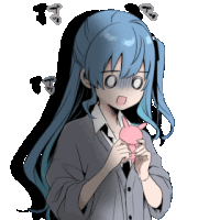 a girl with blue hair is holding a stuffed animal