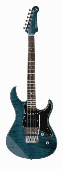 a blue electric guitar with the word yamaha on the top