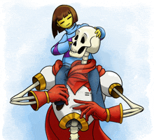 a drawing of a skeleton carrying a girl on his shoulders