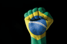 a person 's fist is painted with the brazilian flag .