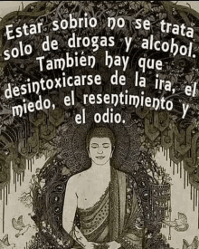 a black and white drawing of a buddha with a quote in spanish behind him