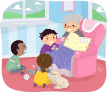 an illustration of an elderly woman reading a book to a group of children