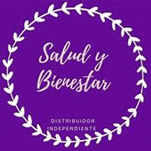 a purple logo with a wreath of leaves and the words salud y bienestar