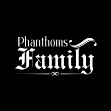 a white logo with the words phanthoms family on a black background