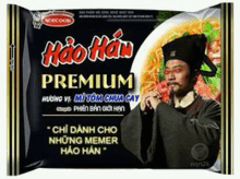 a package of hao han premium noodles with a man in a hat on it .