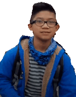 a young boy wearing glasses and a blue jacket with a scarf around his neck