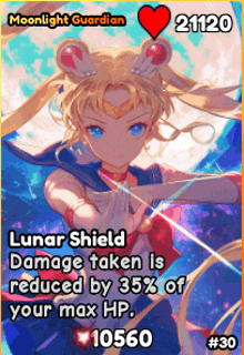 a card that says moonlight guardian and says lunar shield damage taken is reduced by 35% of your max hp