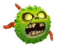 a green cartoon character with a skull face and teeth