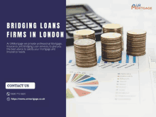 an ad for bridging loans firms in london with stacks of coins and a calculator