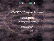 a video game screen shows a memory card appears to be damaged and you will not be able to save game progress